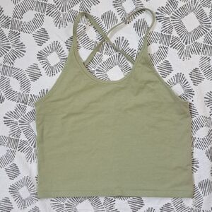 American Eagle cropped stretch tank criss cross straps open back olive green szM